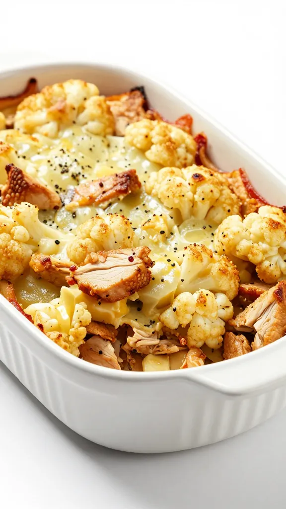 Buffalo chicken cauliflower casserole in white dish, studio lighting