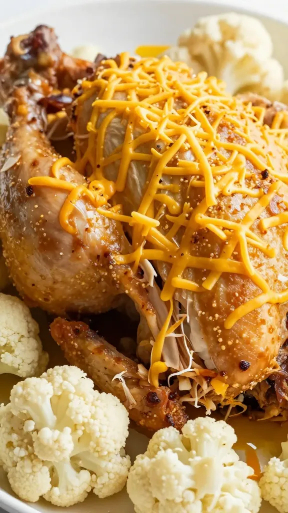 Rotisserie chicken shreds with cauliflower florets, cheese topping close-up
