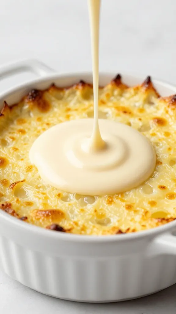 Buffalo sauce drizzle over casserole, golden baked cheese rim