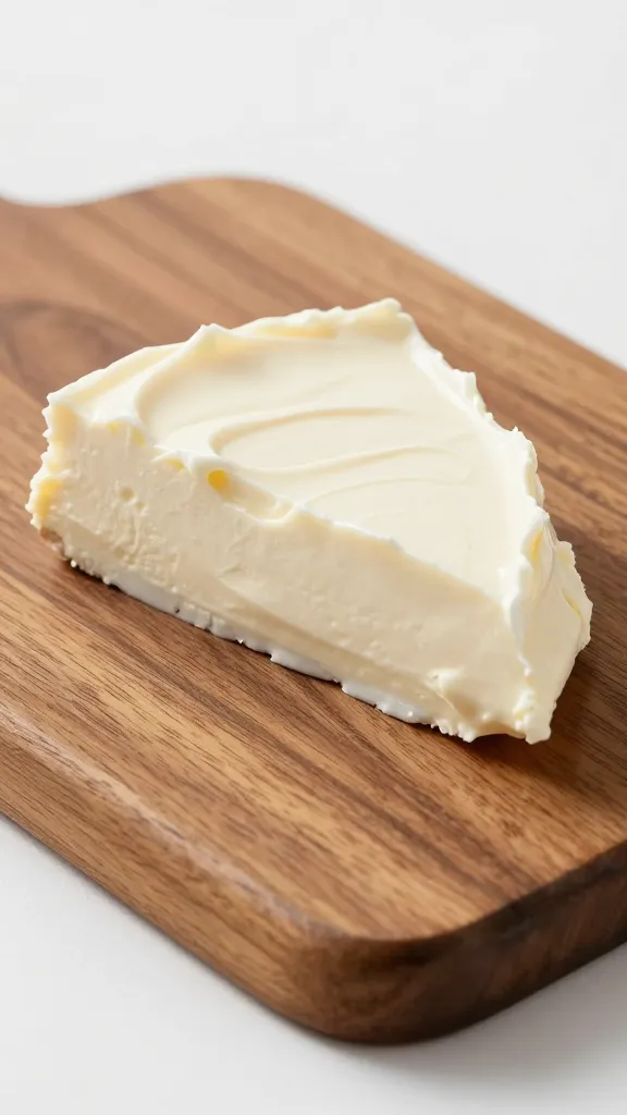 Single serving slice on rustic wooden board, creamy texture visible