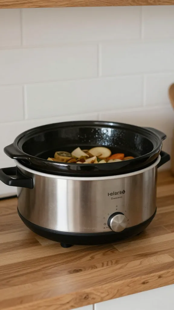 Cozy kitchen scene with slow cooker on countertop