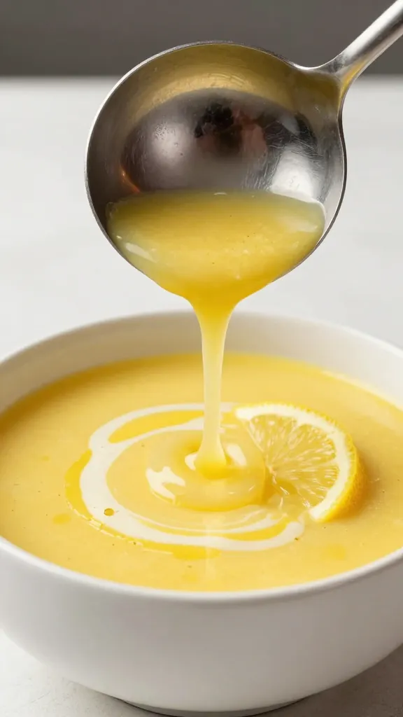 ladle serving bright lemon-garnished soup into bowl