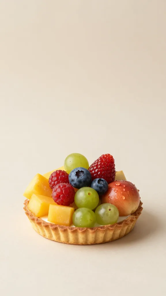 colorful fruit arrangement atop tart, soft studio light