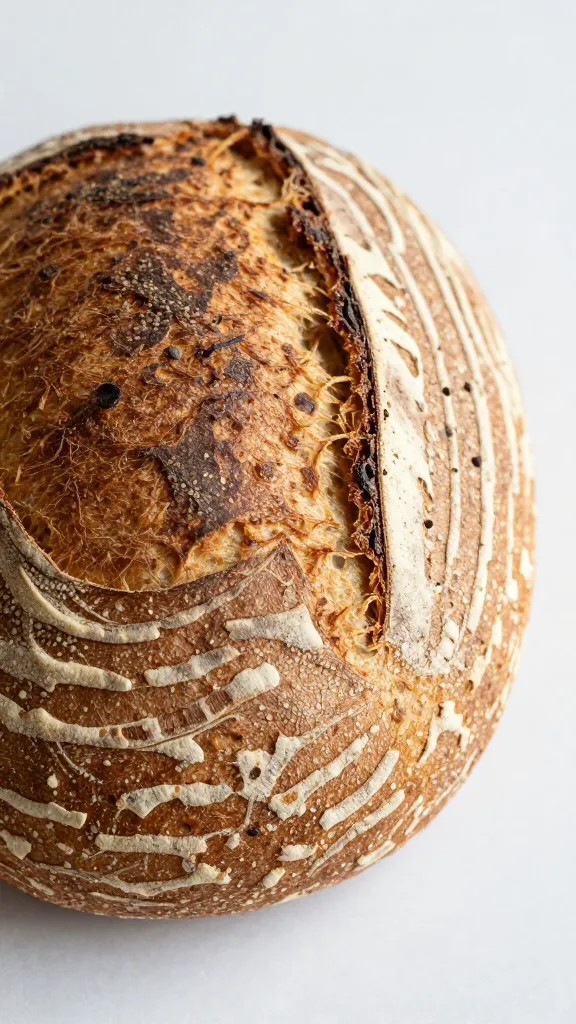 gluten free sourdough loaf crackly crust, warm kitchen light