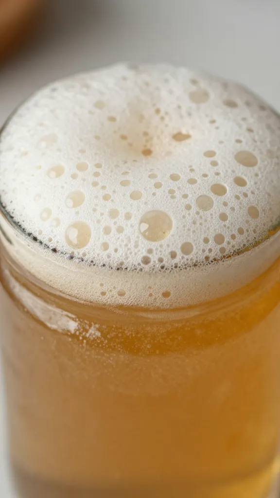 close-up starter jar, frothy bubbles, amber kitchen tones