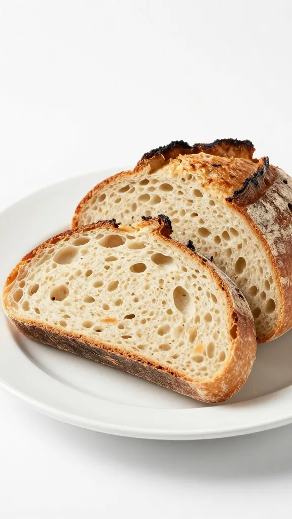 sliced GF sourdough, tangy crumb, white plate, steam
