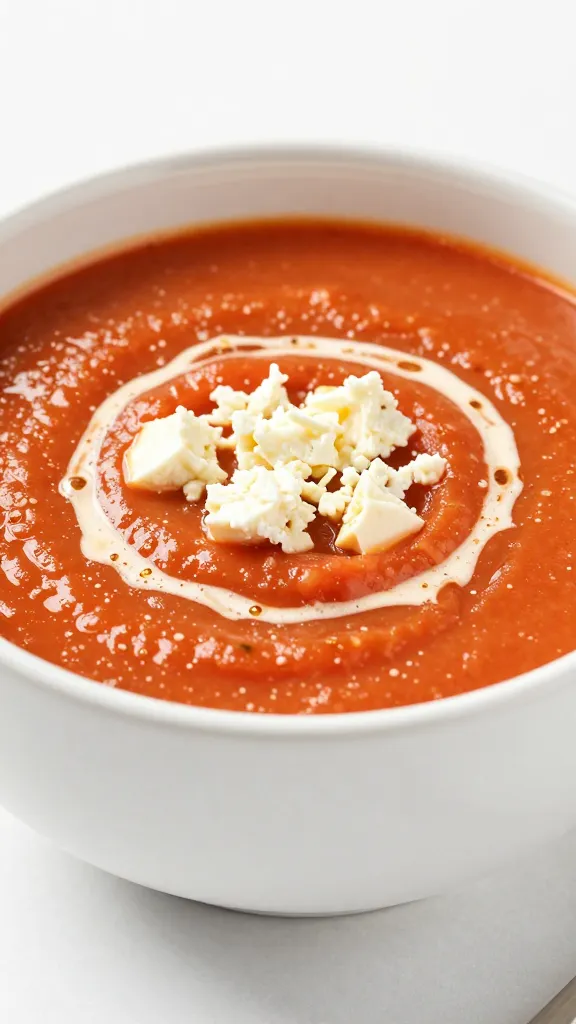 Creamy tomato feta soup in white ceramic bowl, bright studio light