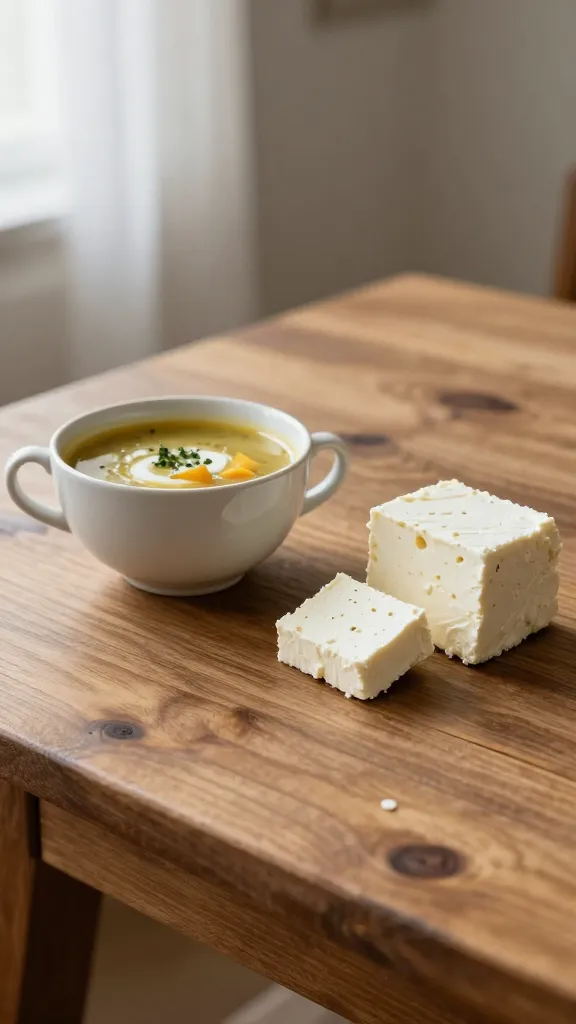 Rustic wooden table, soup cup and feta block, soft natural light