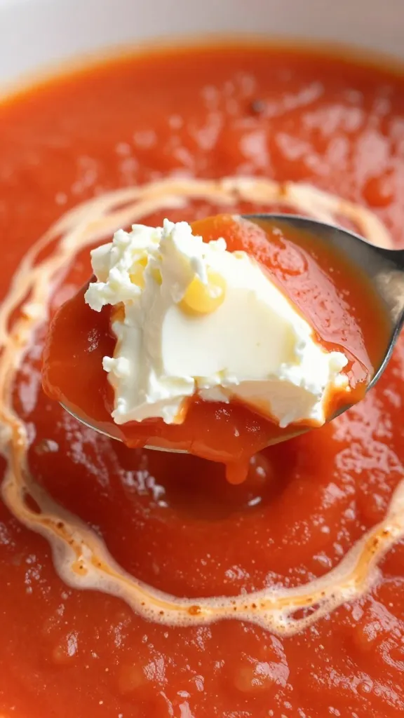 Close-up: spoon lifting tomato feta soup, creamy texture, light shadowing