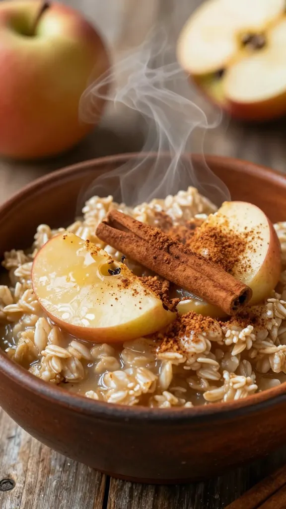 Stewed apple oats in a rustic bowl, cinnamon dust, steam rising