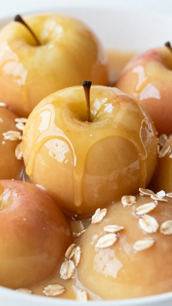 Close-up: glossy stewed apples with creamy oats, maple drizzle
