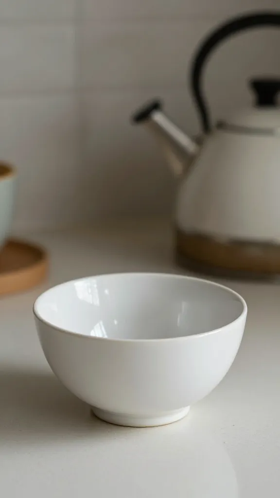 White ceramic bowl, cozy kitchen setup, kettle nearby, soft light