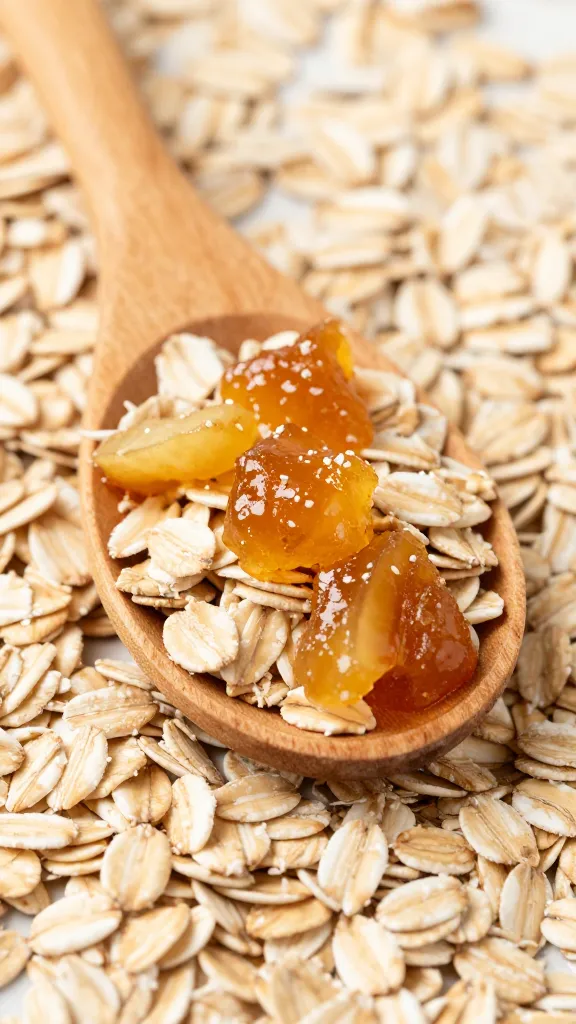 Textured oats with jammy apple chunks, wooden spoon in frame