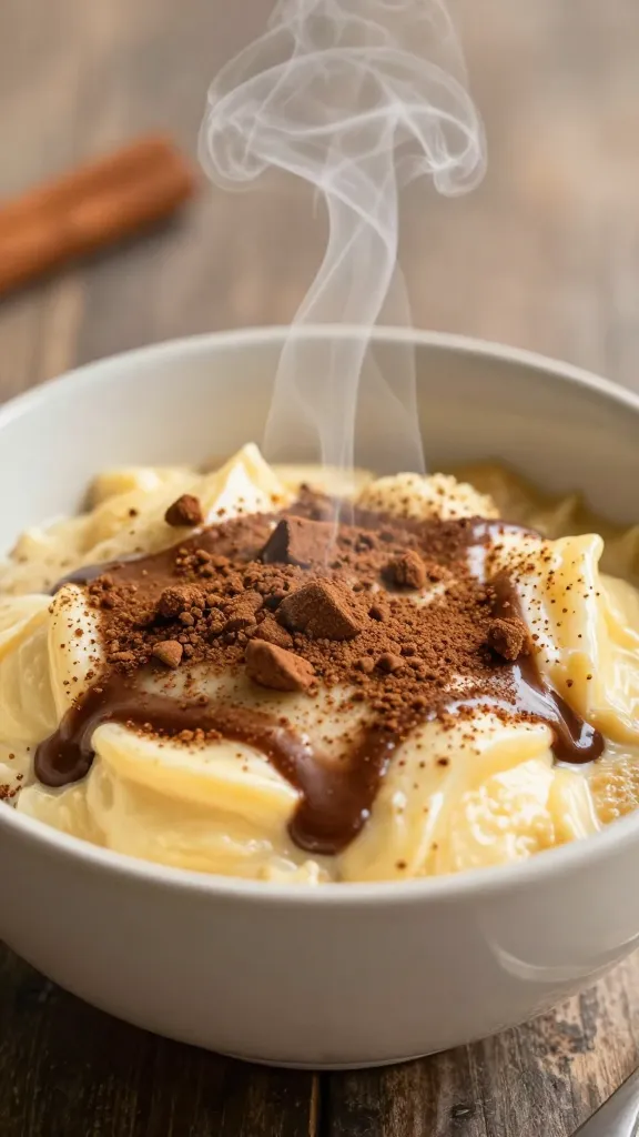 dessert-like breakfast bowl, warm tones, steam and cinnamon stick