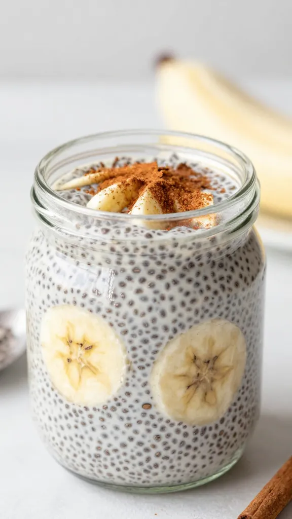 Banana chia pudding in glass jar with cinnamon dust