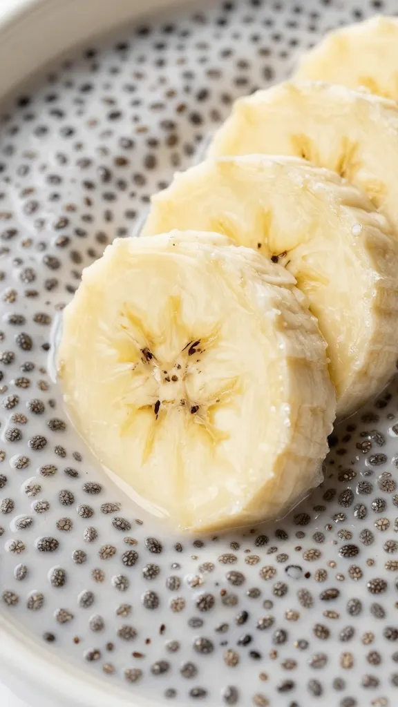 Close-up: ripe banana slices atop chia pudding