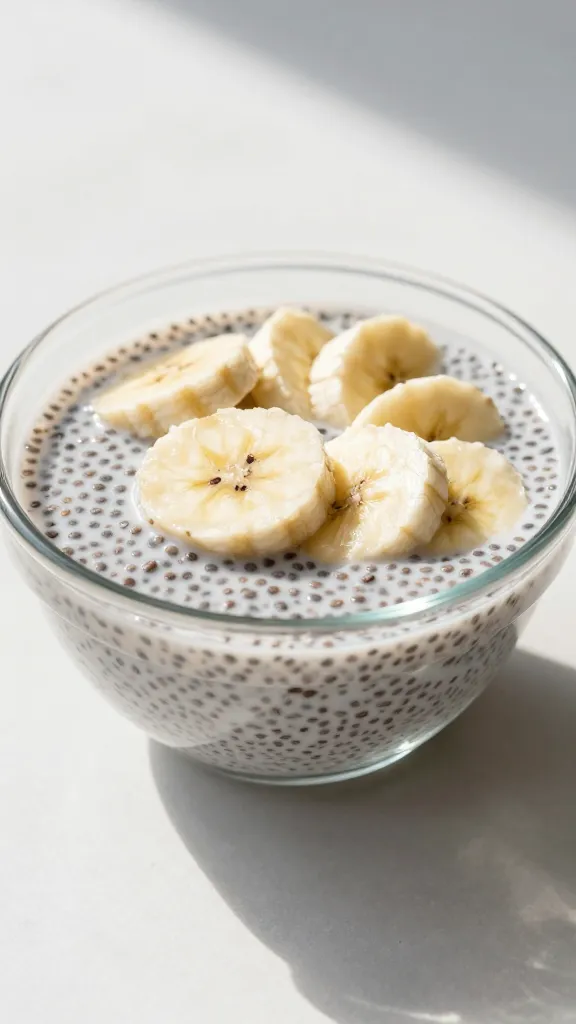 Morning light on glass bowl of banana chia pudding