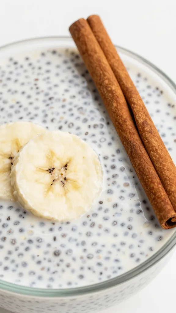 Cinnamon stick beside creamy banana chia pudding
