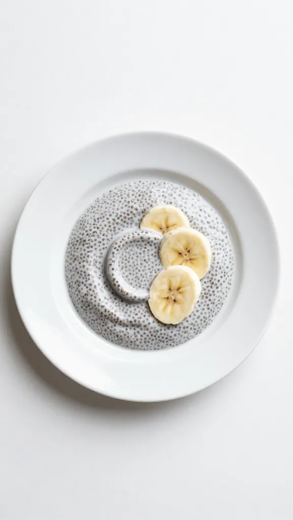 Minimalist white plate with banana chia pudding scoop