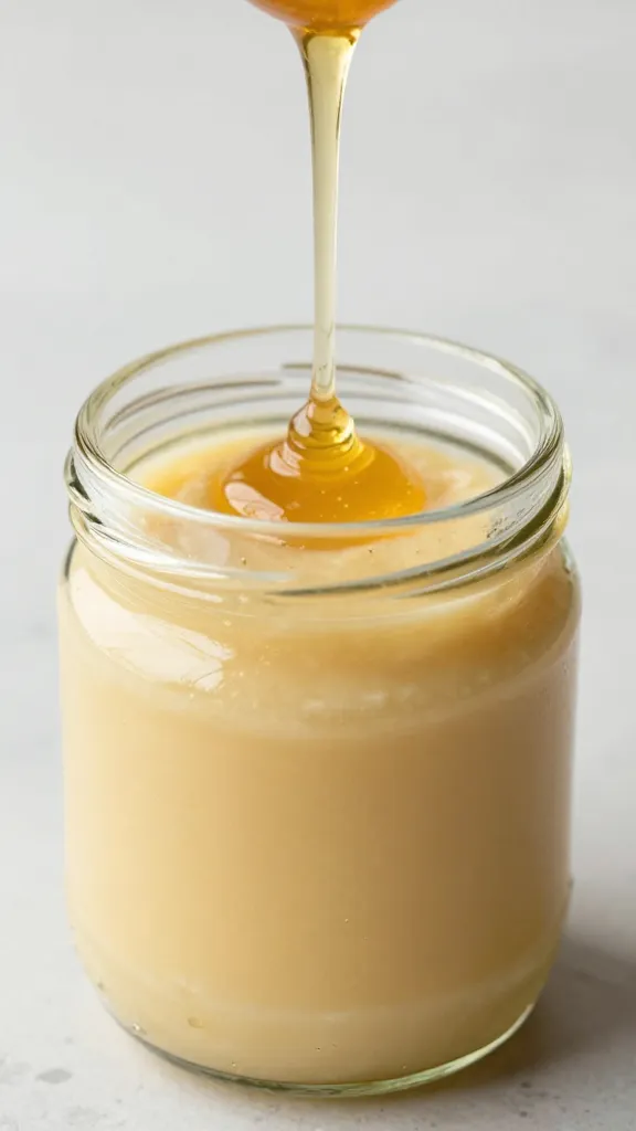 Glass jar of honey drizzled over silky mash, soft backdrop