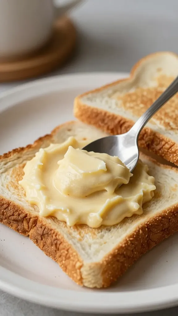 Rustic breakfast scene with mash spoon and toast, natural light