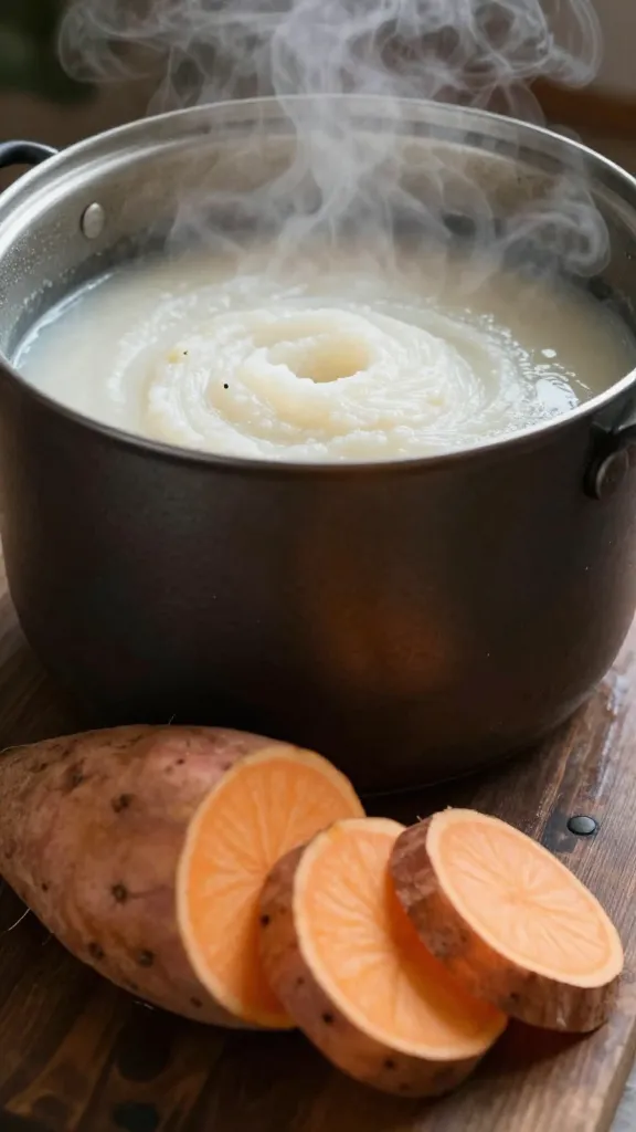 Pot of mash steaming, with sliced sweet potato beside