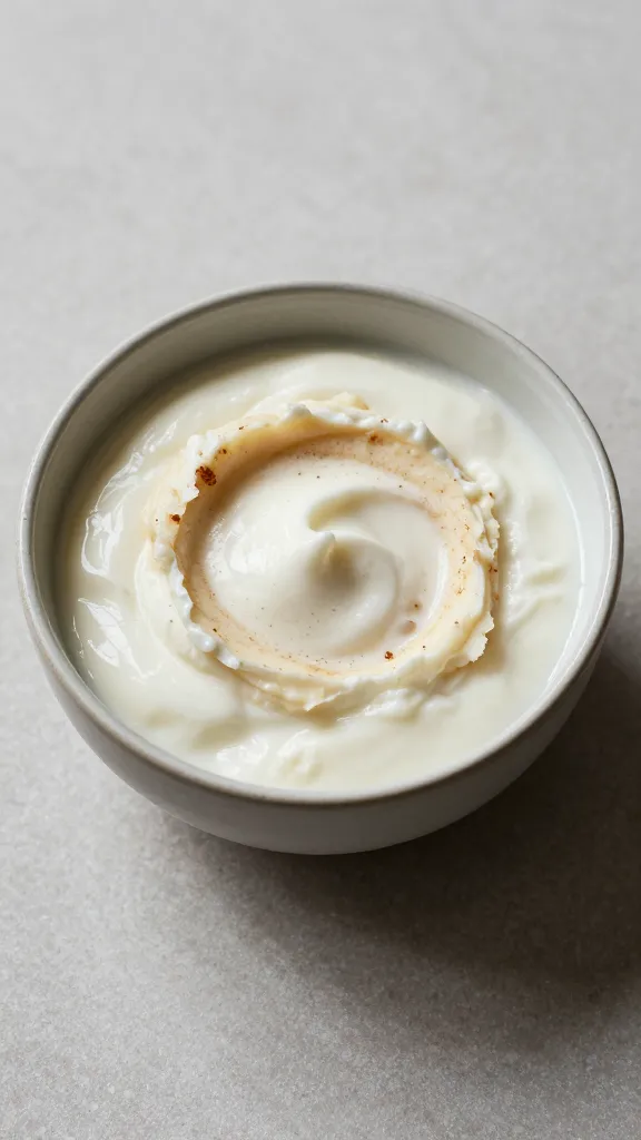 Yogurt bowl topped with mash, subtle cinnamon, gentle shadows