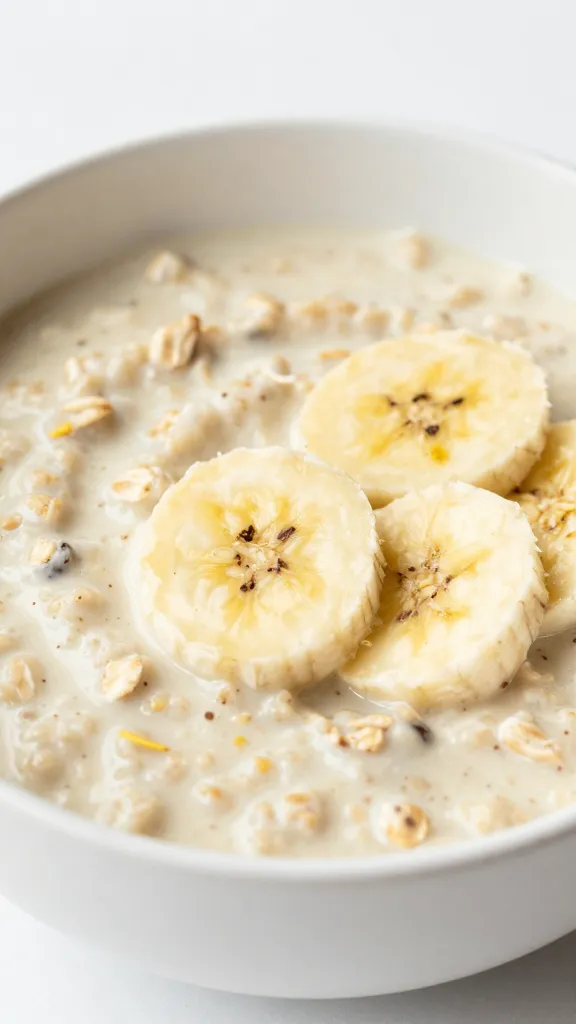 Creamy banana saffron oatmeal in a white bowl, soft focus