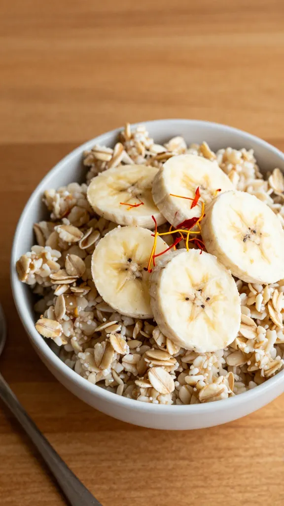 Oatmeal with banana slices and saffron threads, warm wooden table