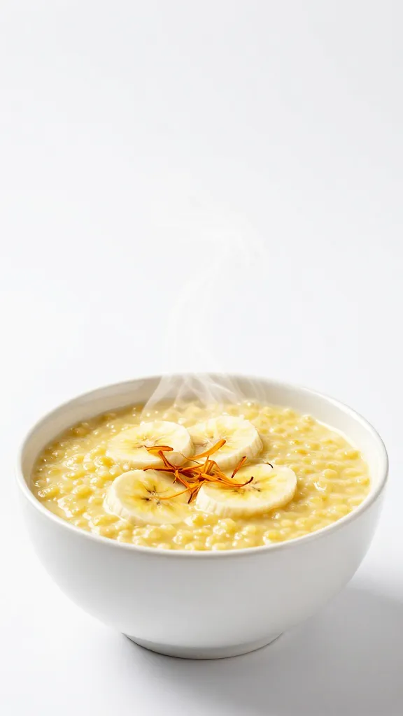 Steam rising from saffron-infused banana porridge, minimal studio
