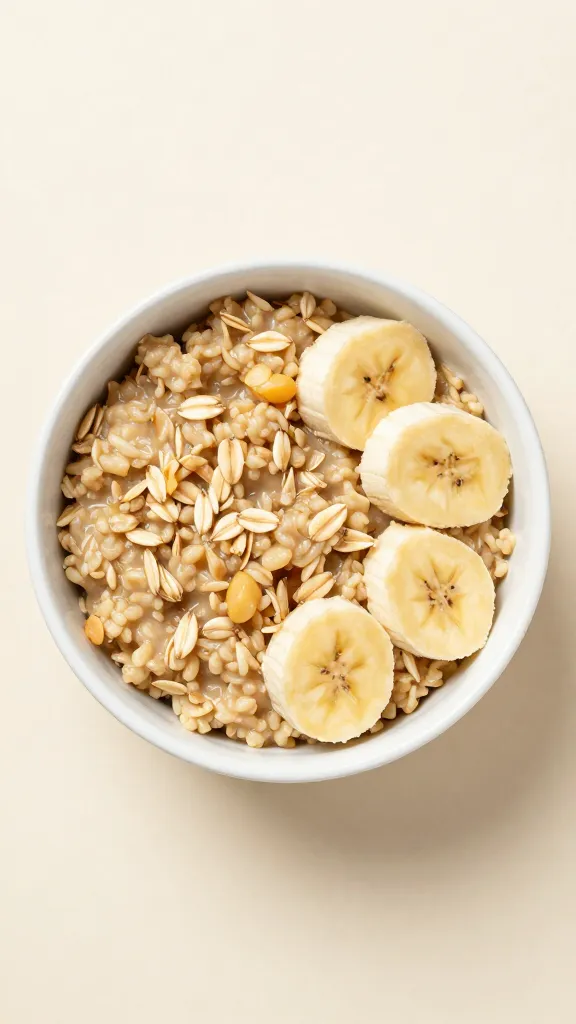 Saffron-streaked oatmeal, ripe banana halves, light neutral backdrop