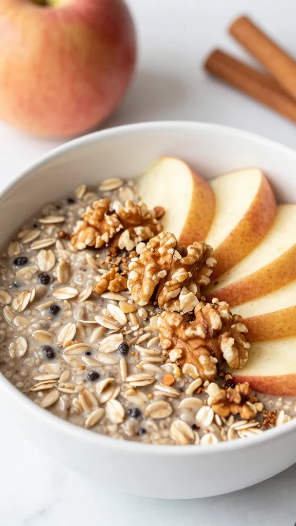 Warm cinnamon apple oat bowl with crushed walnuts