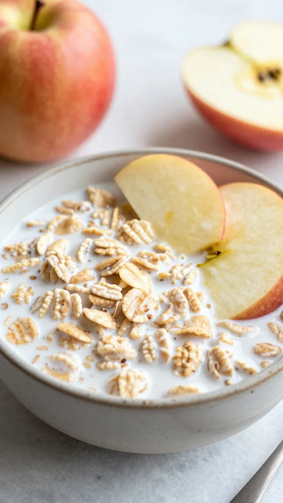 Cozy morning oats in rustic bowl with apples slices
