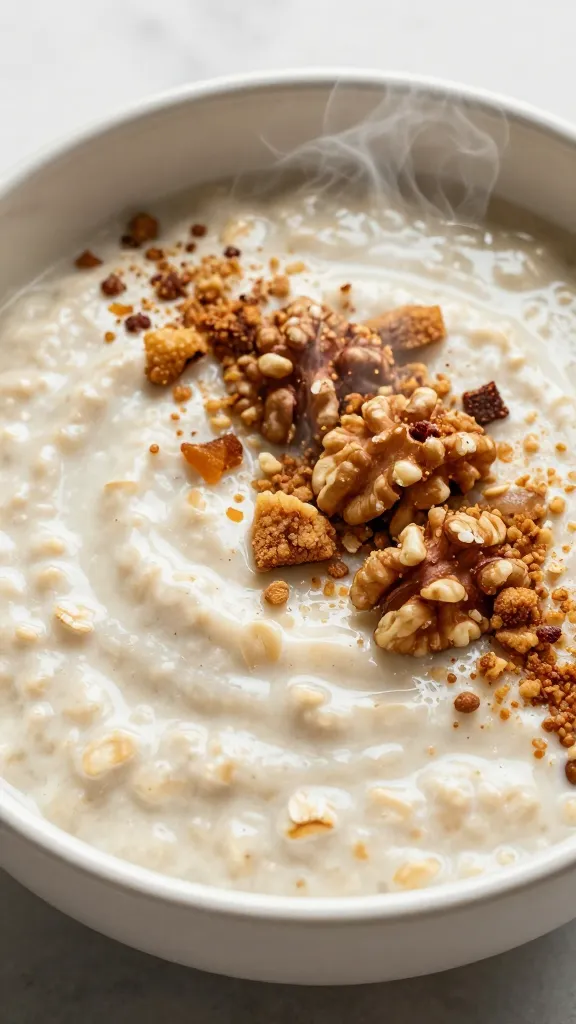 Creamy oat porridge, cinnamon steam, walnut crumble