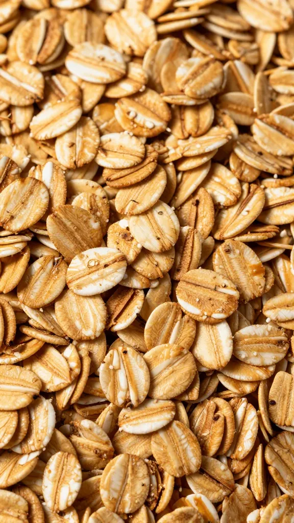 Apple cinnamon oats close-up, golden lighting, textured surface