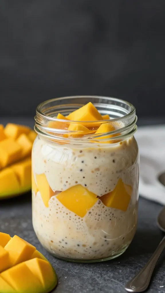 Creamy mango cardamom overnight oats in jar, tropical lighting