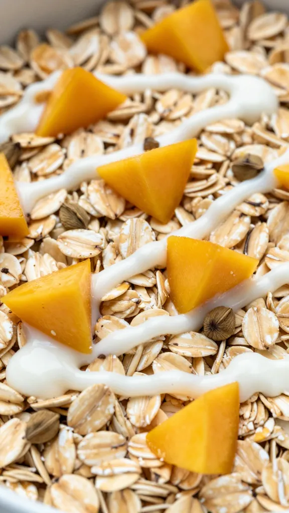 Close-up: oats, mango chunks, cardamom specks, dairy-free drizzle