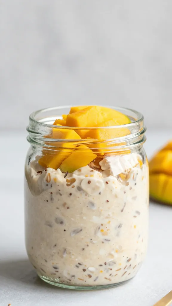 Overnight oats jar with sunbeam; mango slice garnish