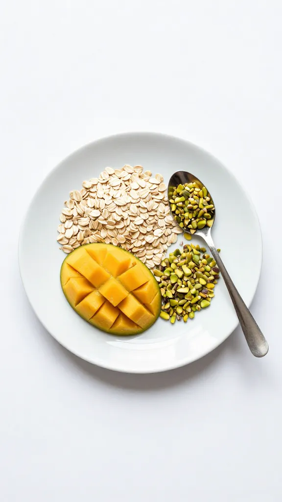 Minimal white plate: oats, mango, crushed pistachios, spoon set