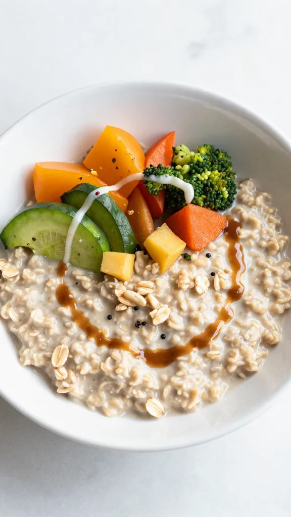 Savory oatmeal bowl with soft vegetables, creamy oats, miso drizzle