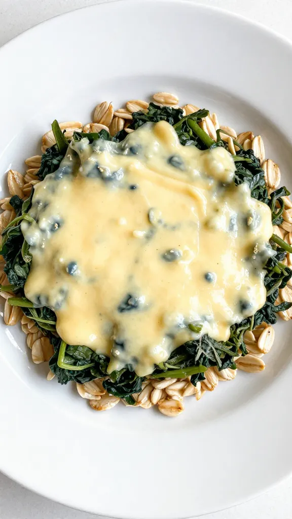 White plate, oat dish topped with melted cheese and greens