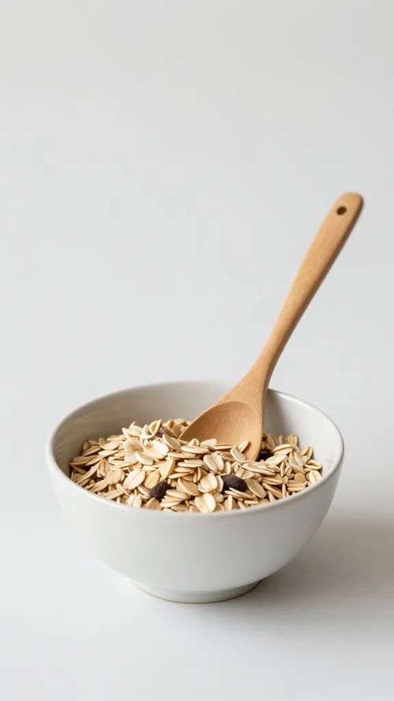 Minimal kitchen setup, wooden spoon, bowl of savory oats, soft lighting