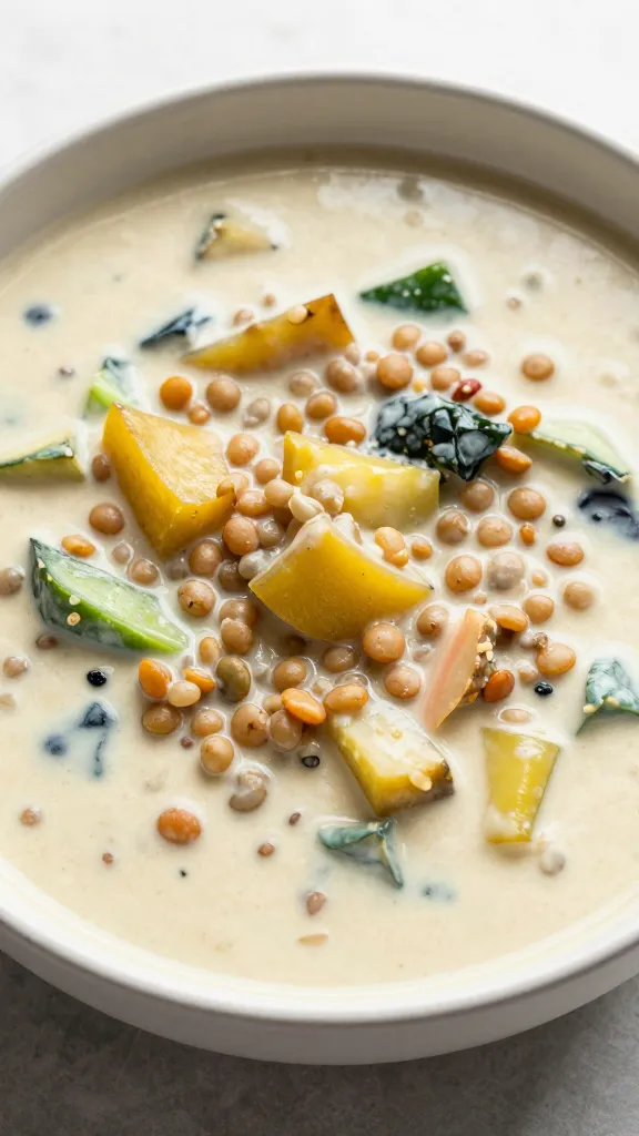 Creamy vegetable stew bowl with protein-rich lentils