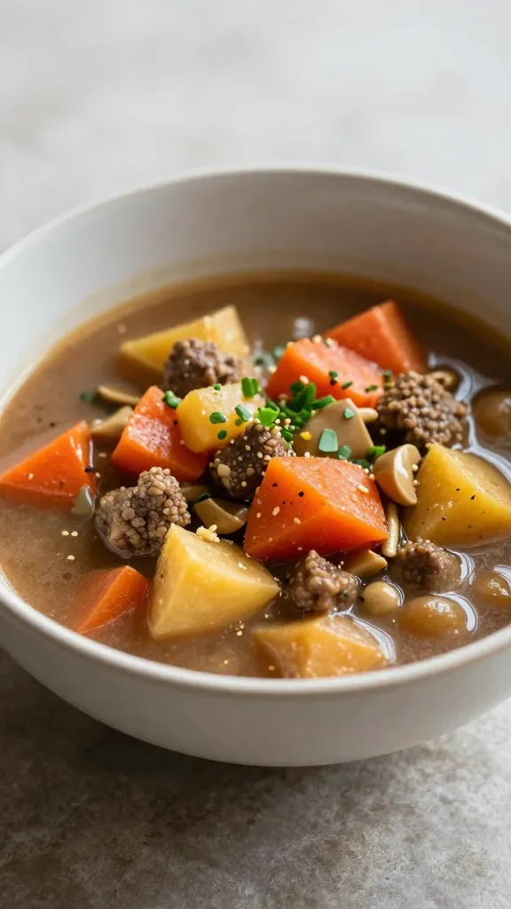 Cozy bowl of high-protein stew, vibrant veggies, soft lighting