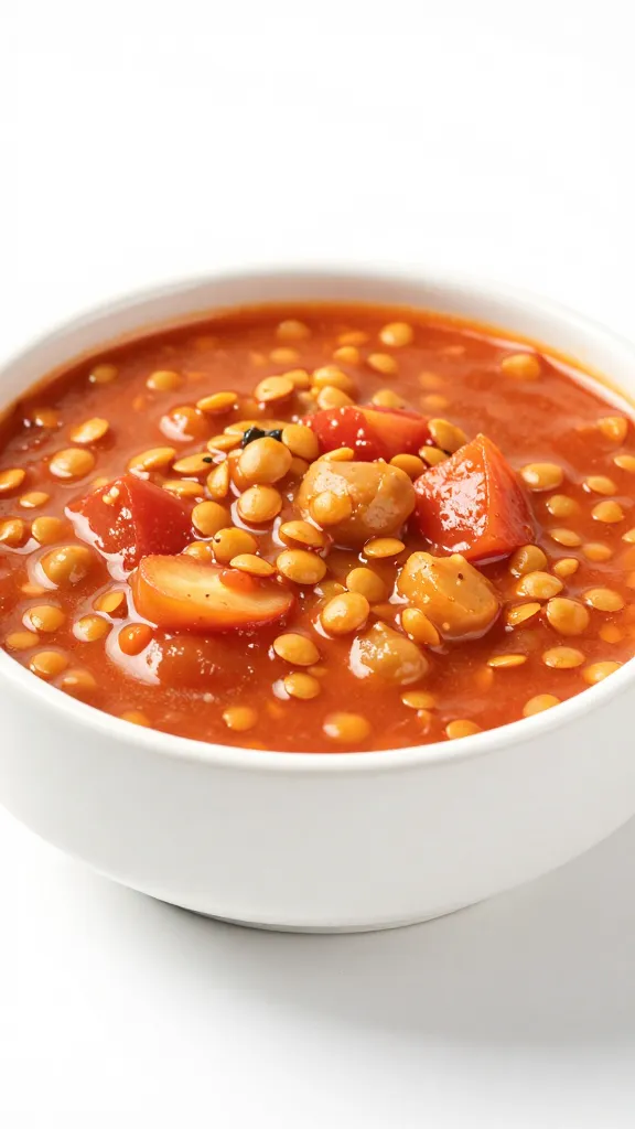 Studio shot of creamy tomato-lentil stew in white ceramic bowl
