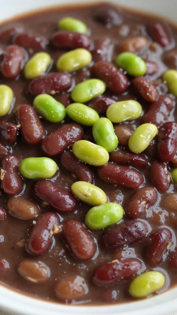 Close-up: velvety stew texture, beans and edamame garnish