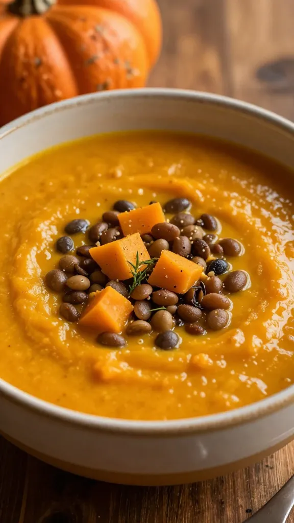 Cozy lentil pumpkin soup in rustic bowl, warm orange glow