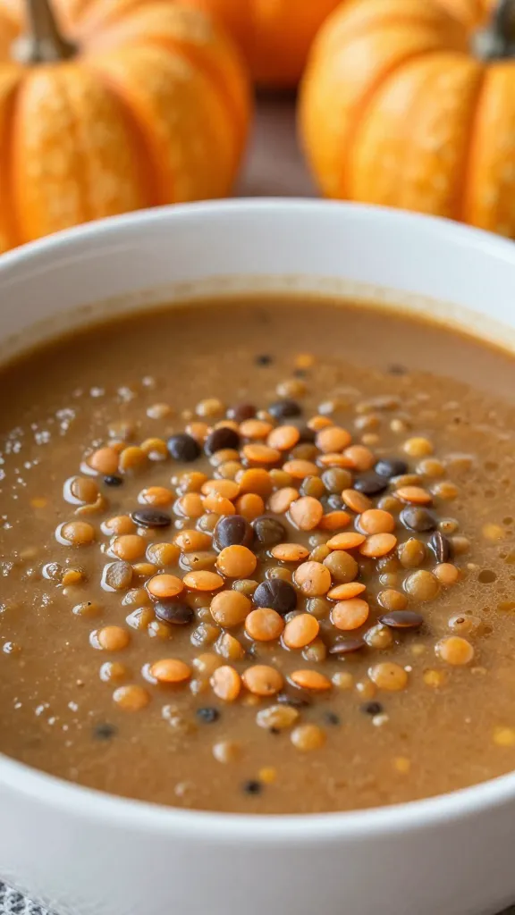 Silky red lentil soup close-up, autumn pumpkins backdrop