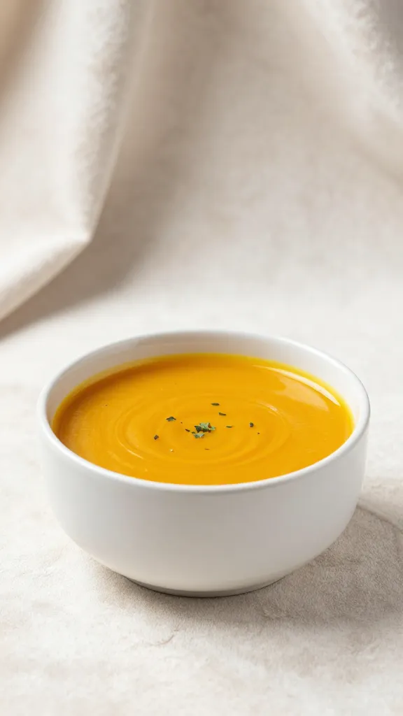 White ceramic bowl of pumpkin soup, soft velvet lighting