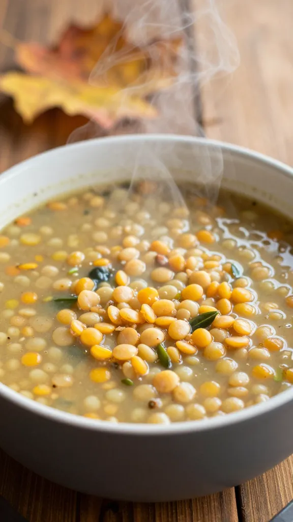 Partial steam rising from lentil soup, wooden table autumn mood